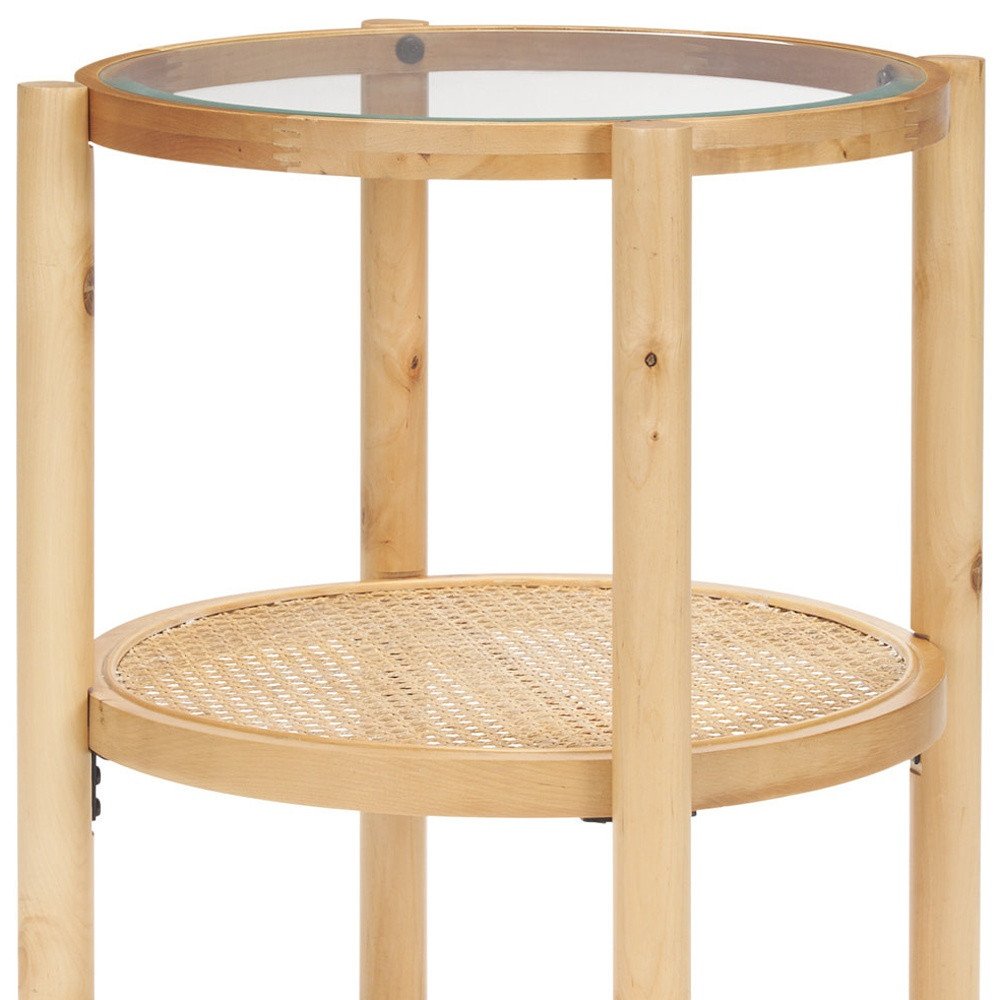 Clear and Light Brown Glass and Solid Wood Round End Table with Shelf