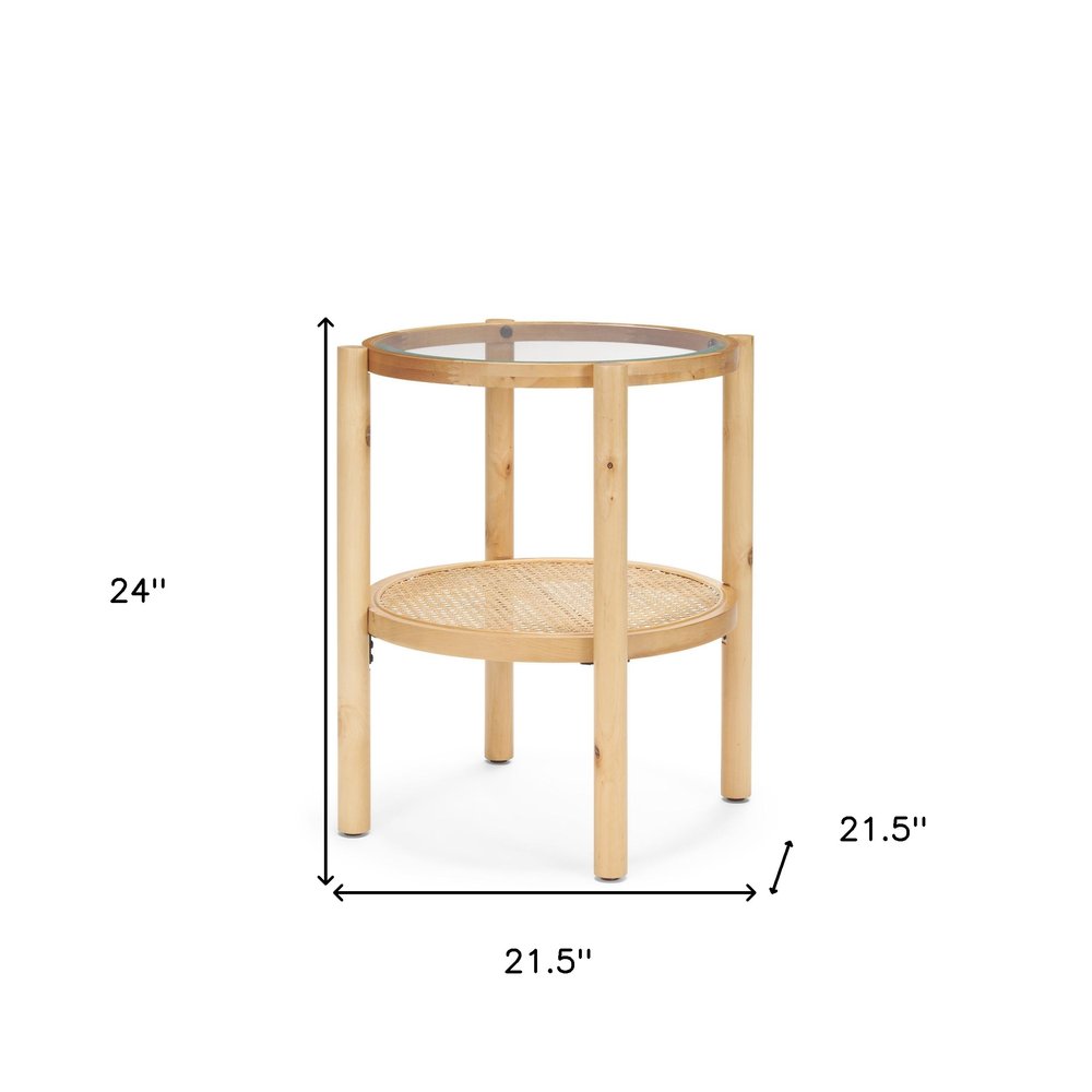 Clear and Light Brown Glass and Solid Wood Round End Table with Shelf