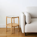 Clear and Light Brown Glass and Solid Wood Round End Table with Shelf