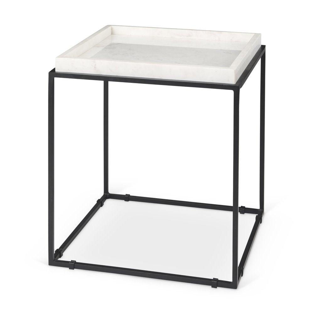 White and Black Marble and Metal Square Frame End Table - 20-inch