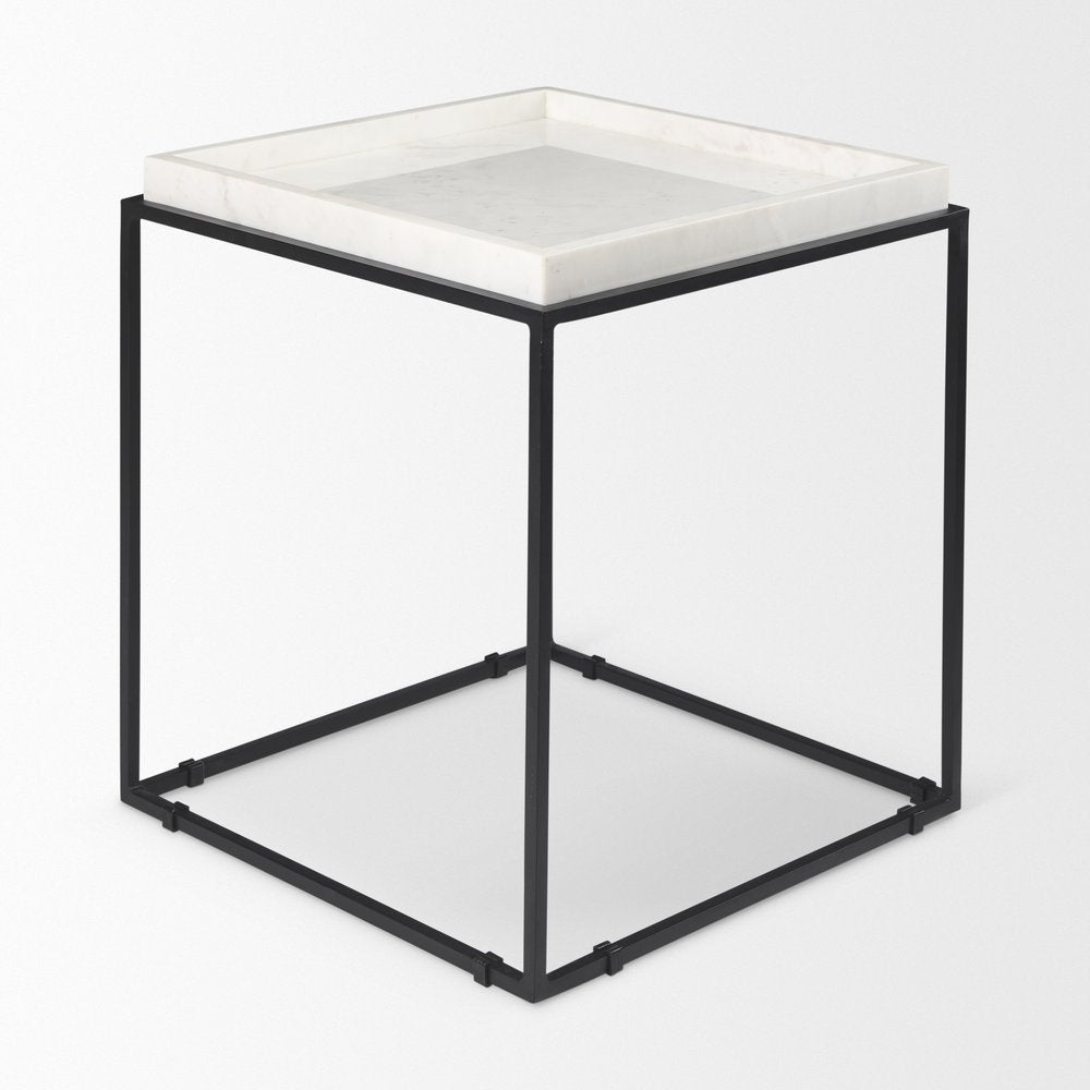 White and Black Marble and Metal Square Frame End Table - 20-inch