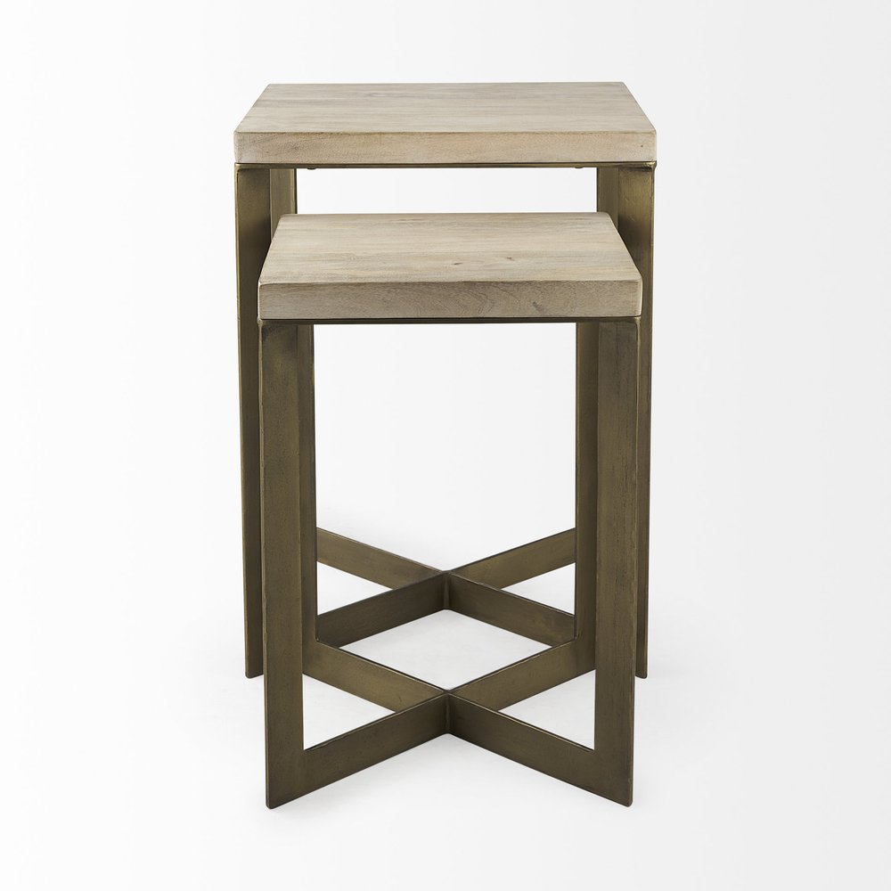Set of Two Natural and Gold Solid Wood and Metal Square Cross Legs Nested Tables
