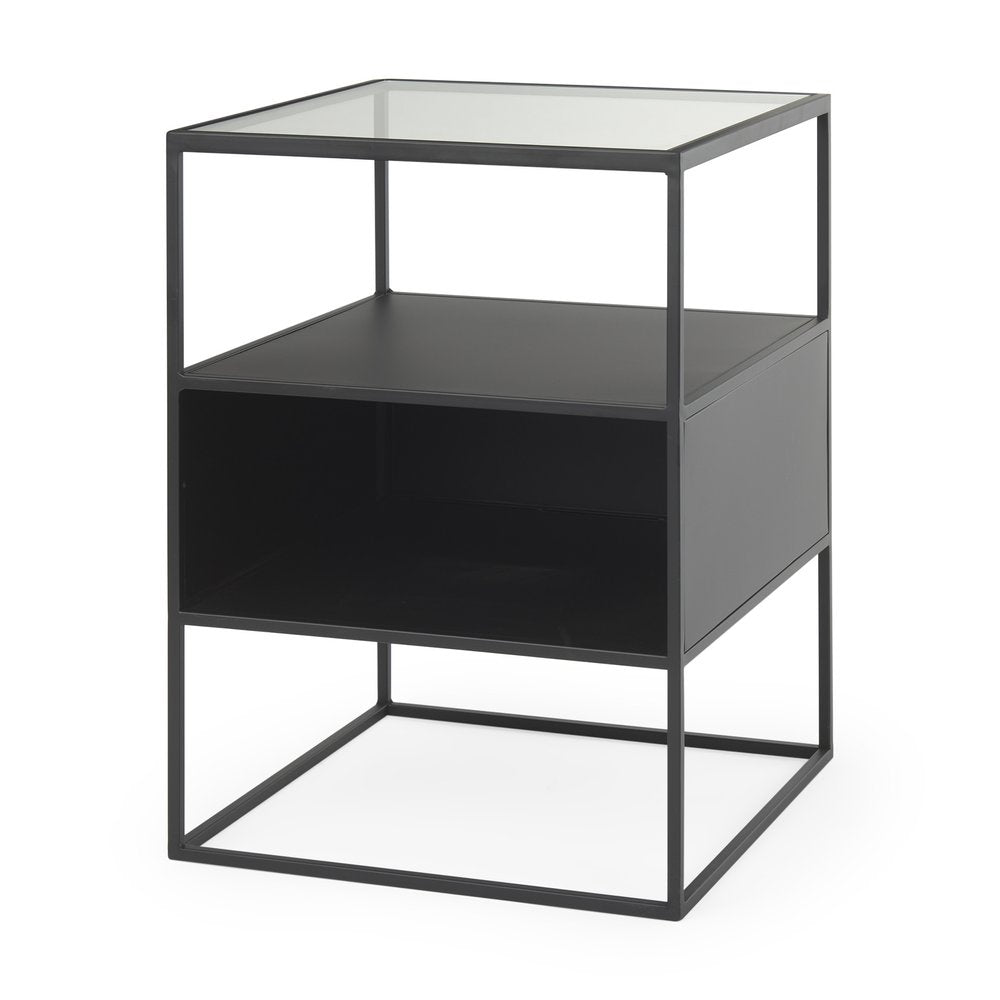 Clear and Black Glass and Metal Square Frame End Table with Two Shelves
