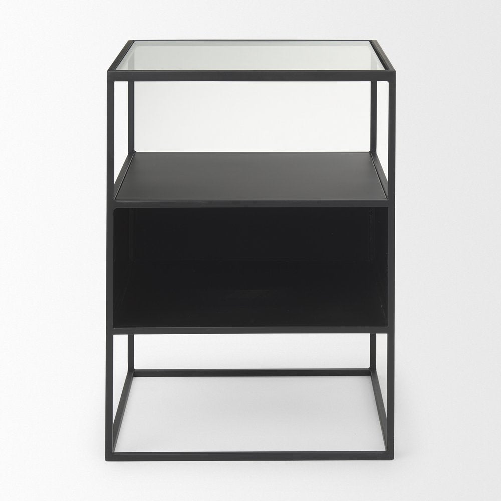 Clear and Black Glass and Metal Square Frame End Table with Two Shelves
