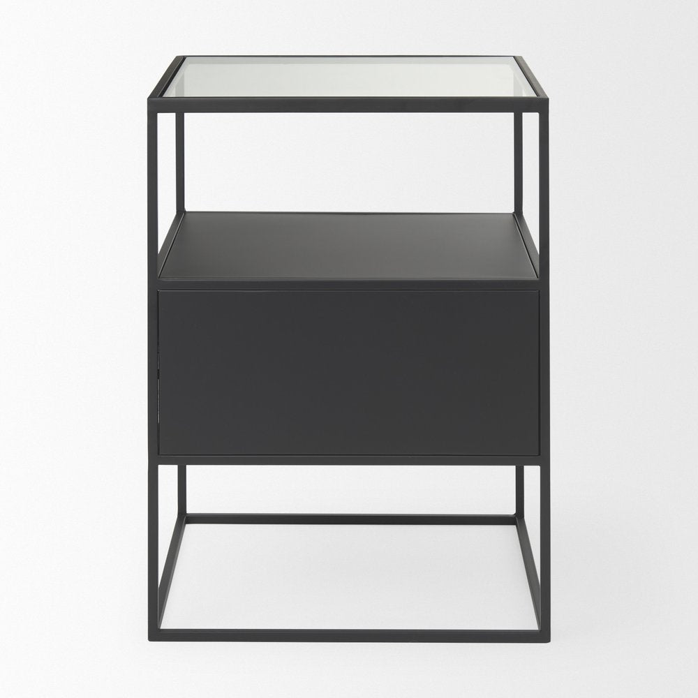 Clear and Black Glass and Metal Square Frame End Table with Two Shelves