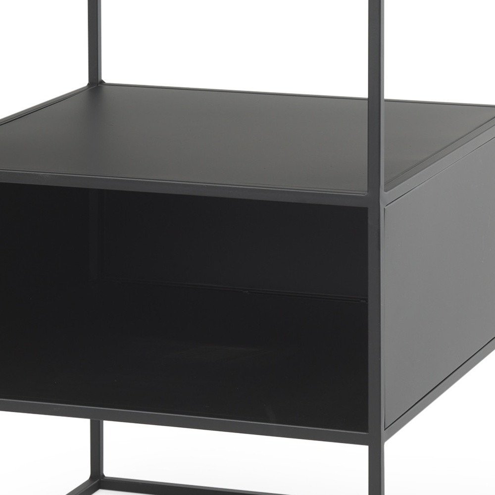 Clear and Black Glass and Metal Square Frame End Table with Two Shelves