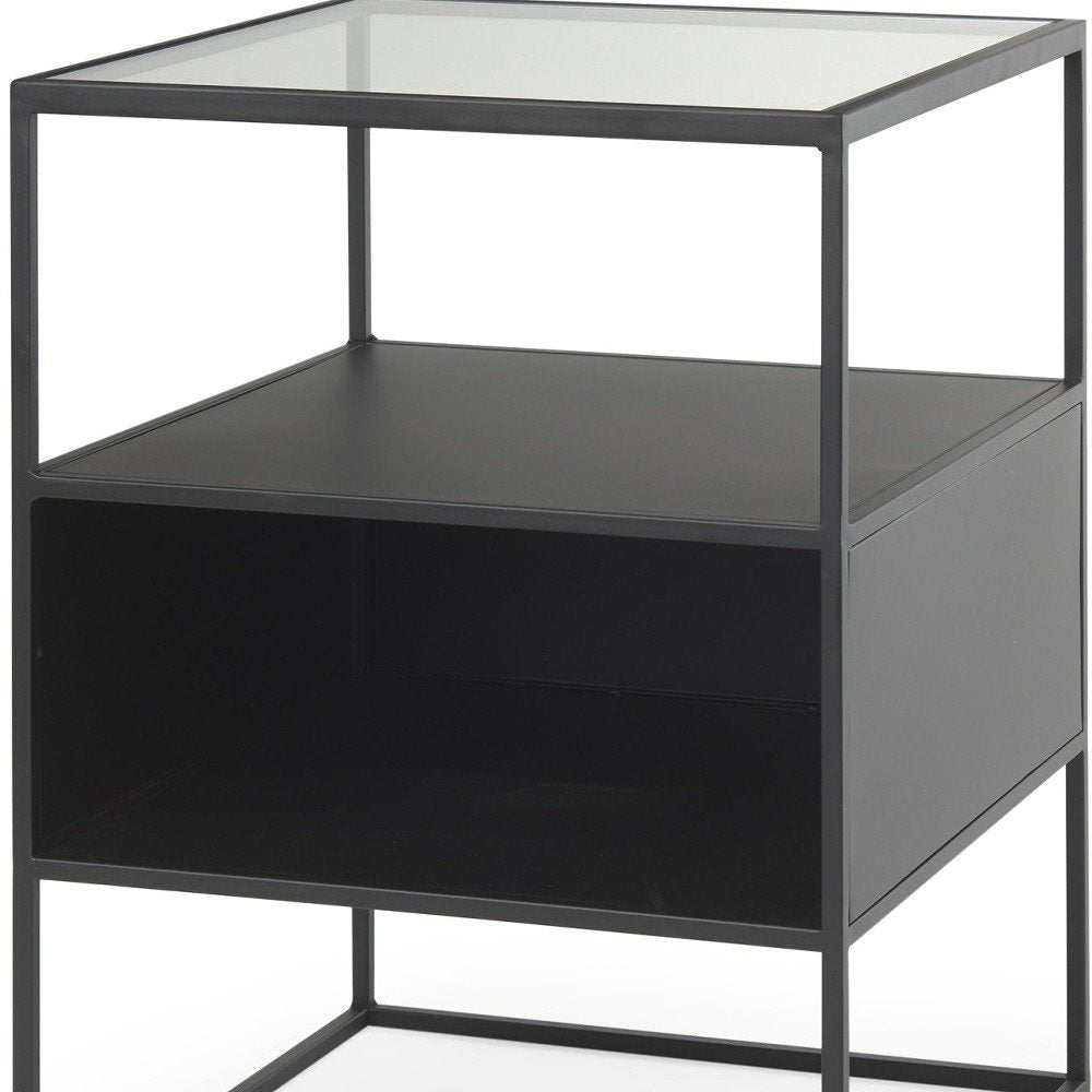 Clear and Black Glass and Metal Square Frame End Table with Two Shelves