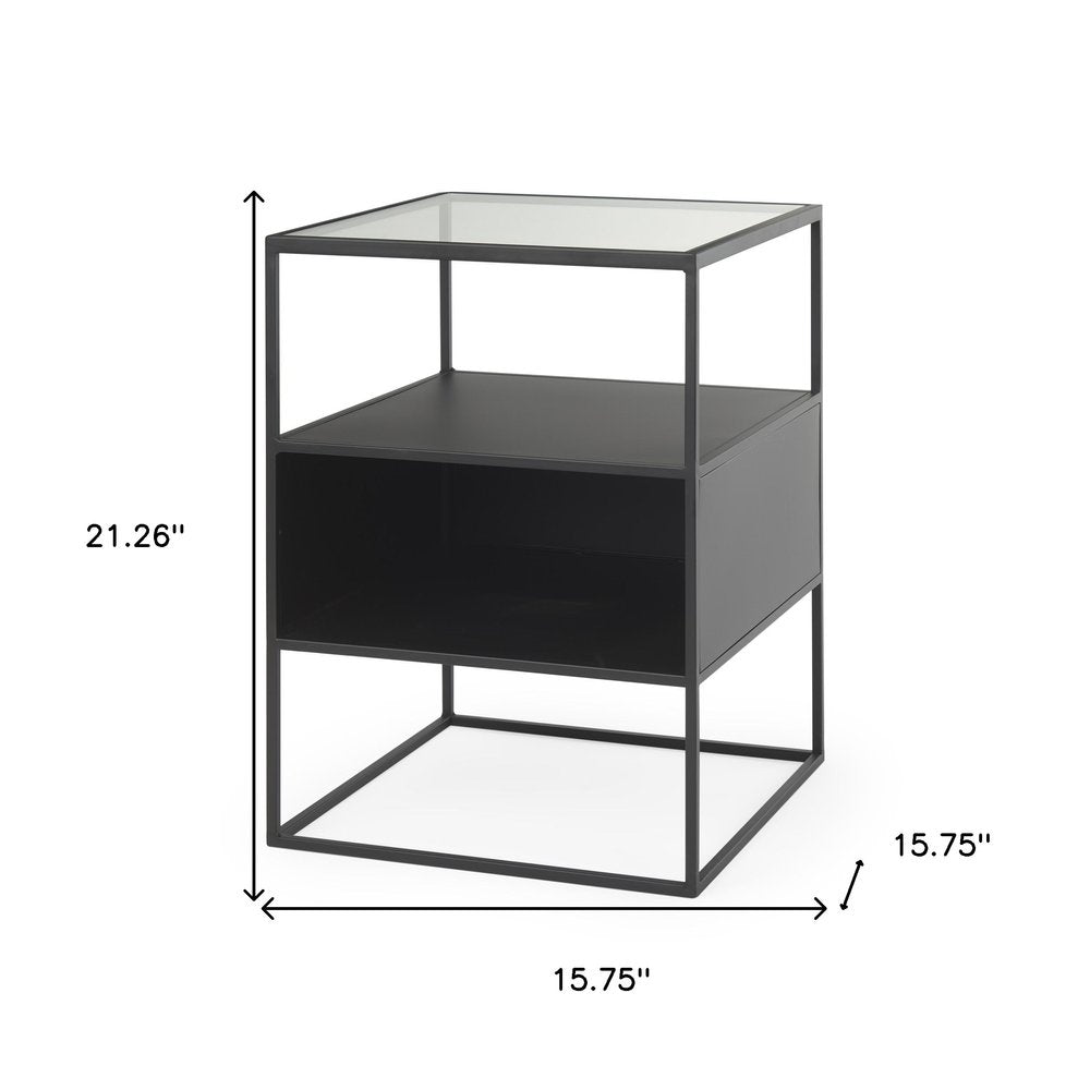 Clear and Black Glass and Metal Square Frame End Table with Two Shelves
