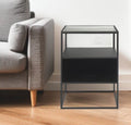 Clear and Black Glass and Metal Square Frame End Table with Two Shelves