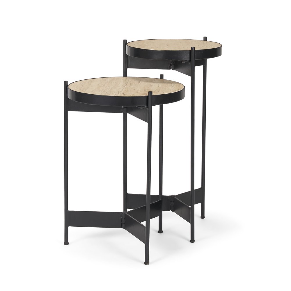 Set of Two Brown and Black Marble and Metal Nested Tables