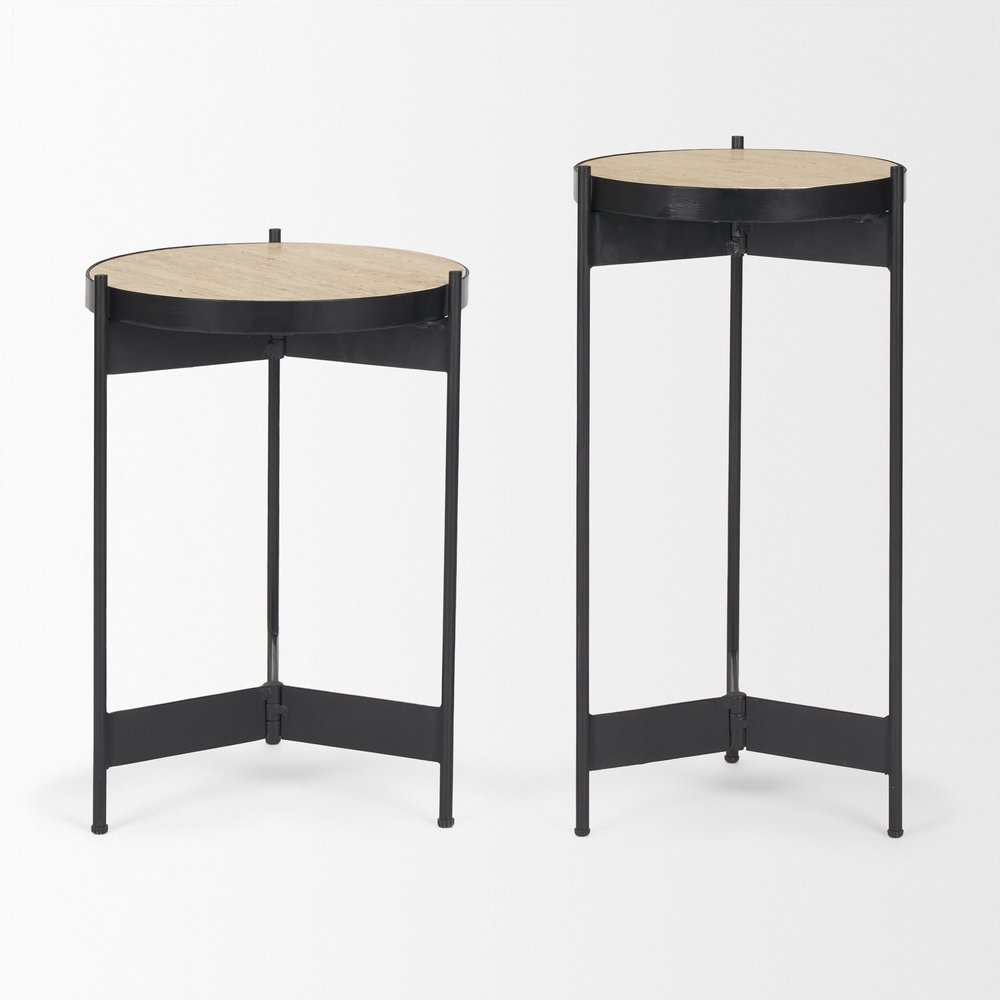 Set of Two Brown and Black Marble and Metal Nested Tables
