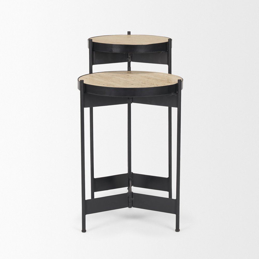 Set of Two Brown and Black Marble and Metal Nested Tables