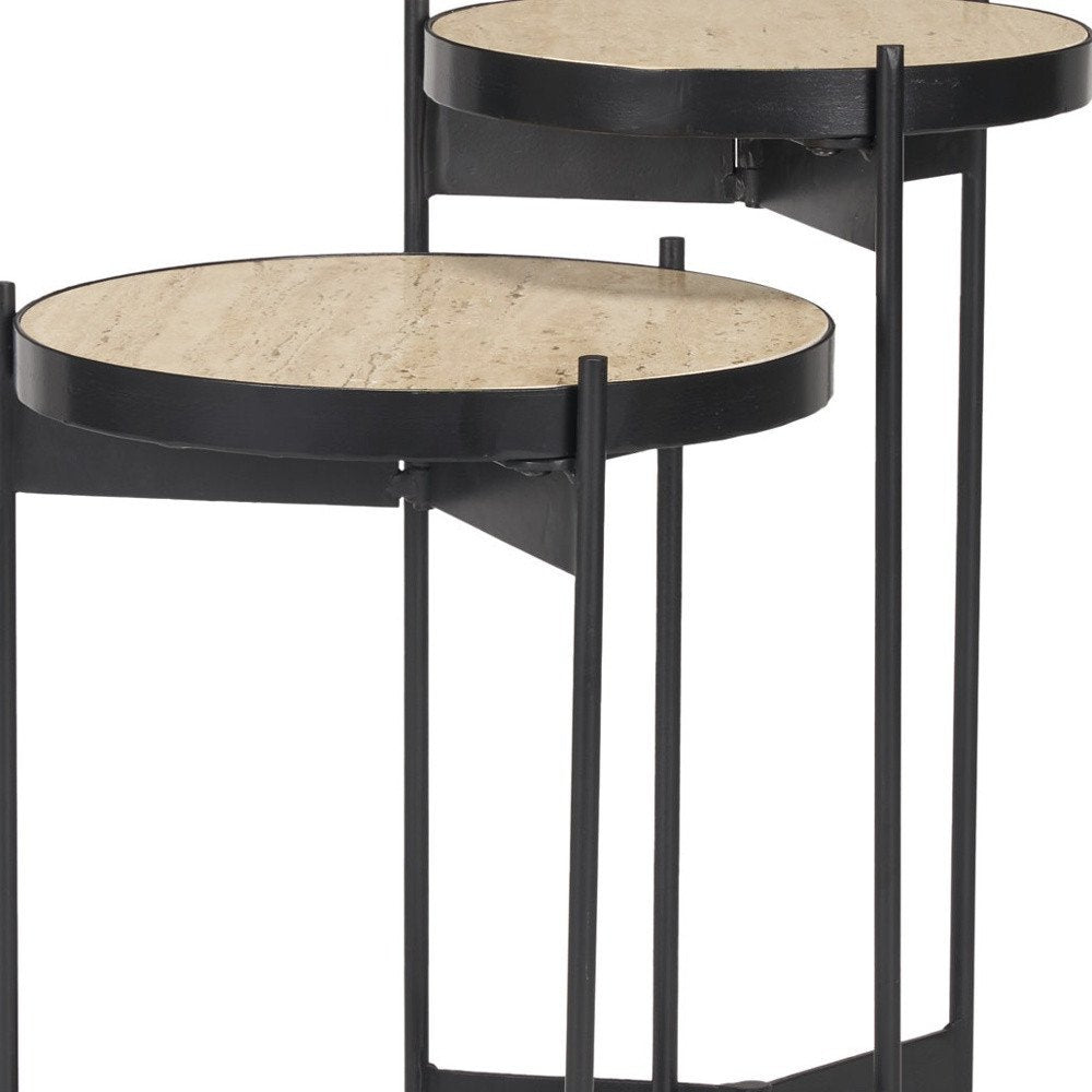 Set of Two Brown and Black Marble and Metal Nested Tables