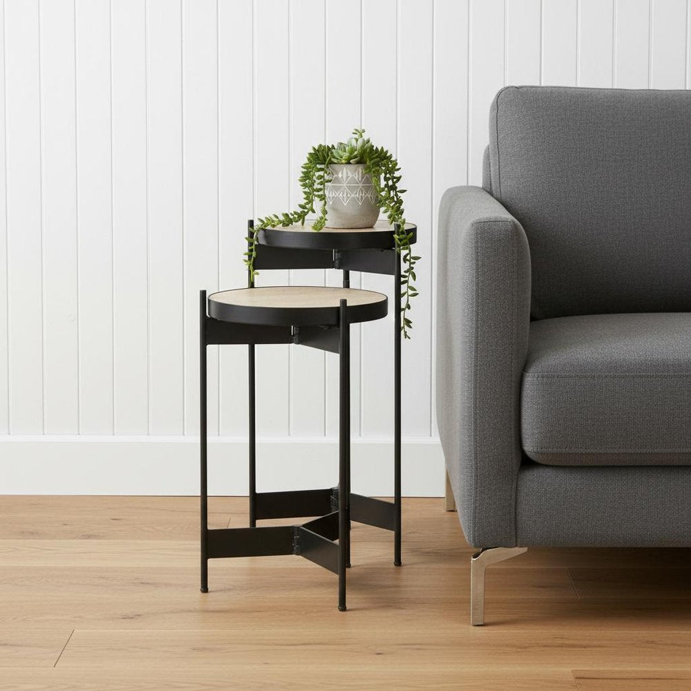Set of Two Brown and Black Marble and Metal Nested Tables