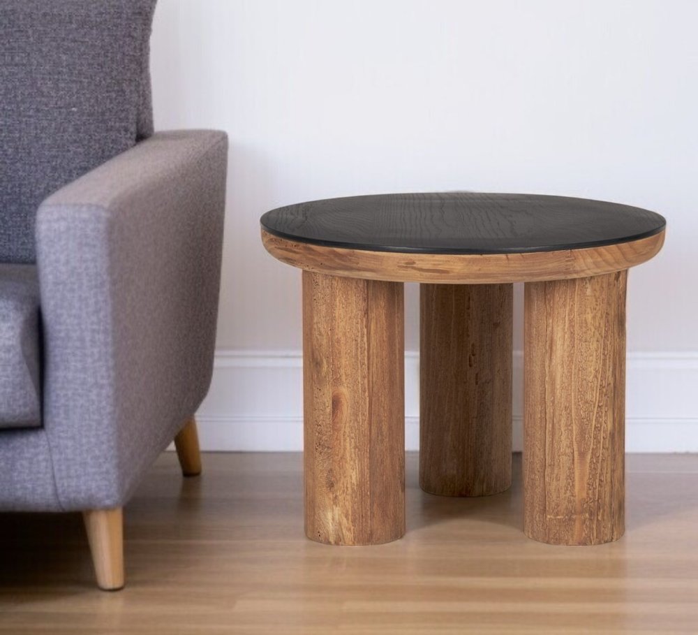 Brown and Black Reclaimed Wood Distressed Round End Table - 18-inch