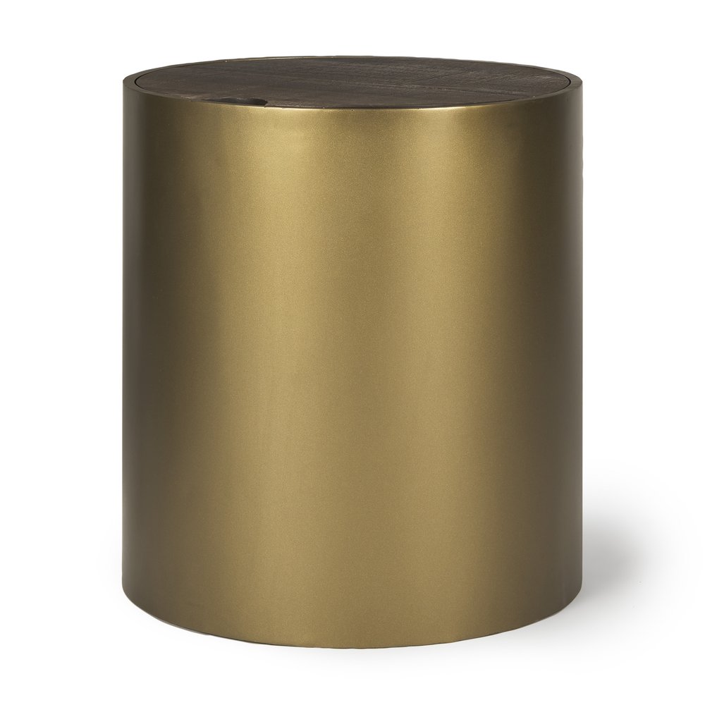 Antiqued Gold and Brown Metal and Solid Wood Drum End Table with Storage