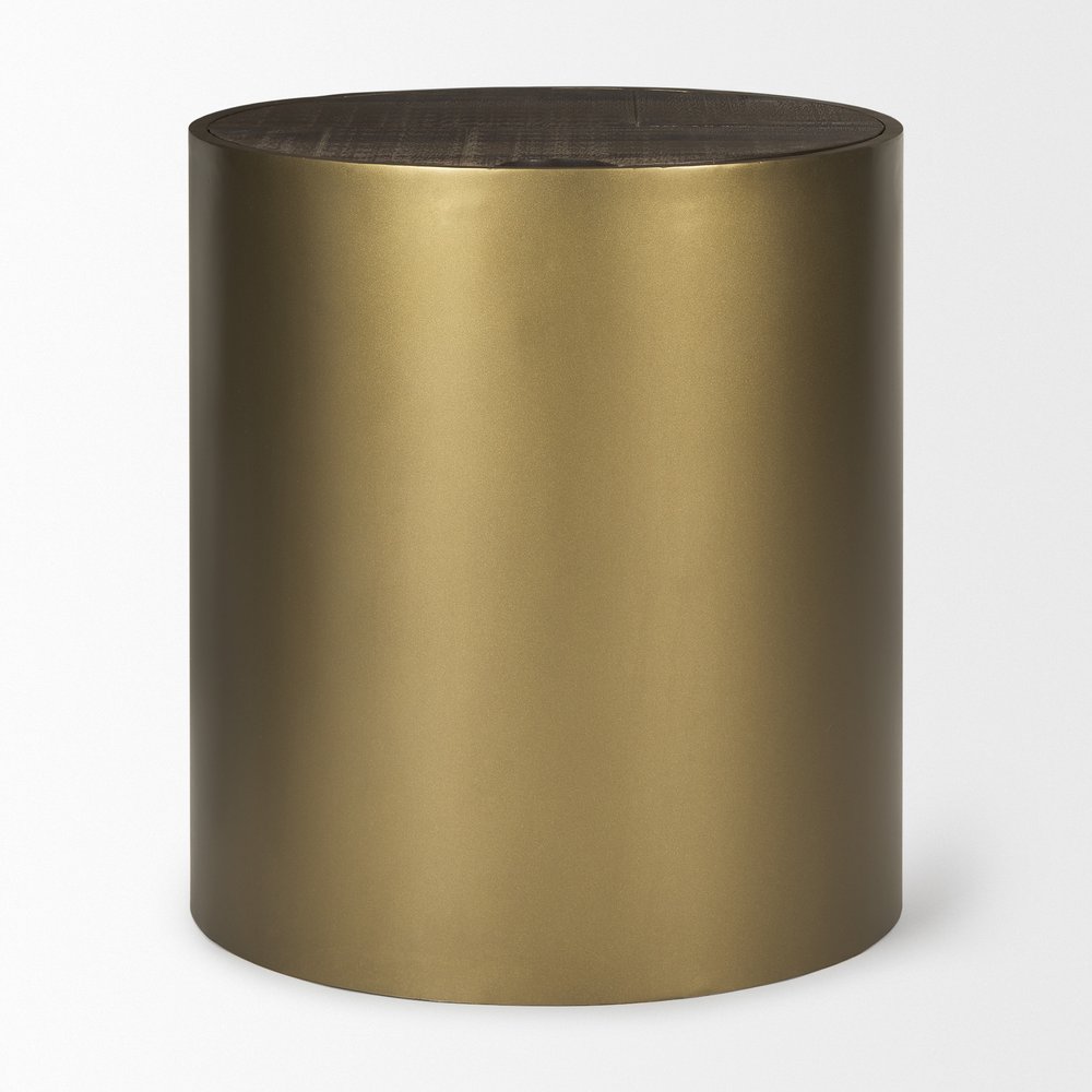 Antiqued Gold and Brown Metal and Solid Wood Drum End Table with Storage