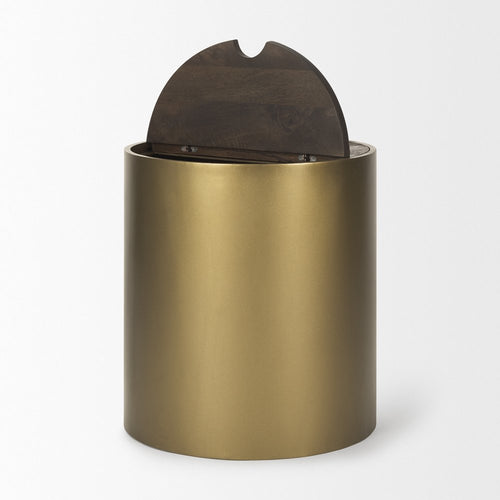 Antiqued Gold and Brown Metal and Solid Wood Drum End Table with Storage