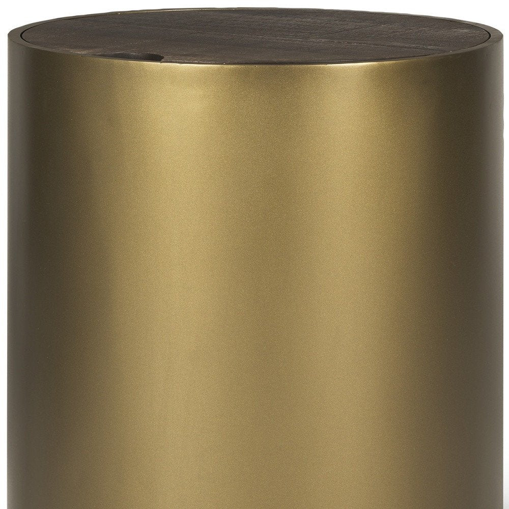Antiqued Gold and Brown Metal and Solid Wood Drum End Table with Storage
