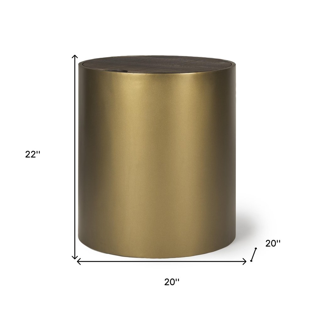 Antiqued Gold and Brown Metal and Solid Wood Drum End Table with Storage