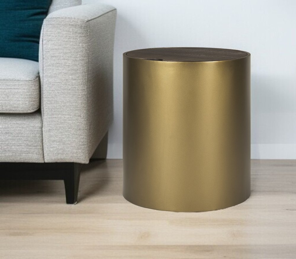 Antiqued Gold and Brown Metal and Solid Wood Drum End Table with Storage