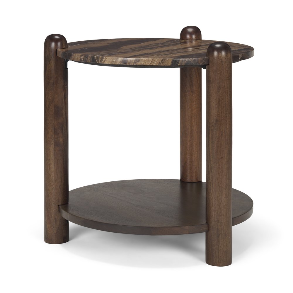 Brown Marble and Solid Wood End Table with Shelf - 26-inch