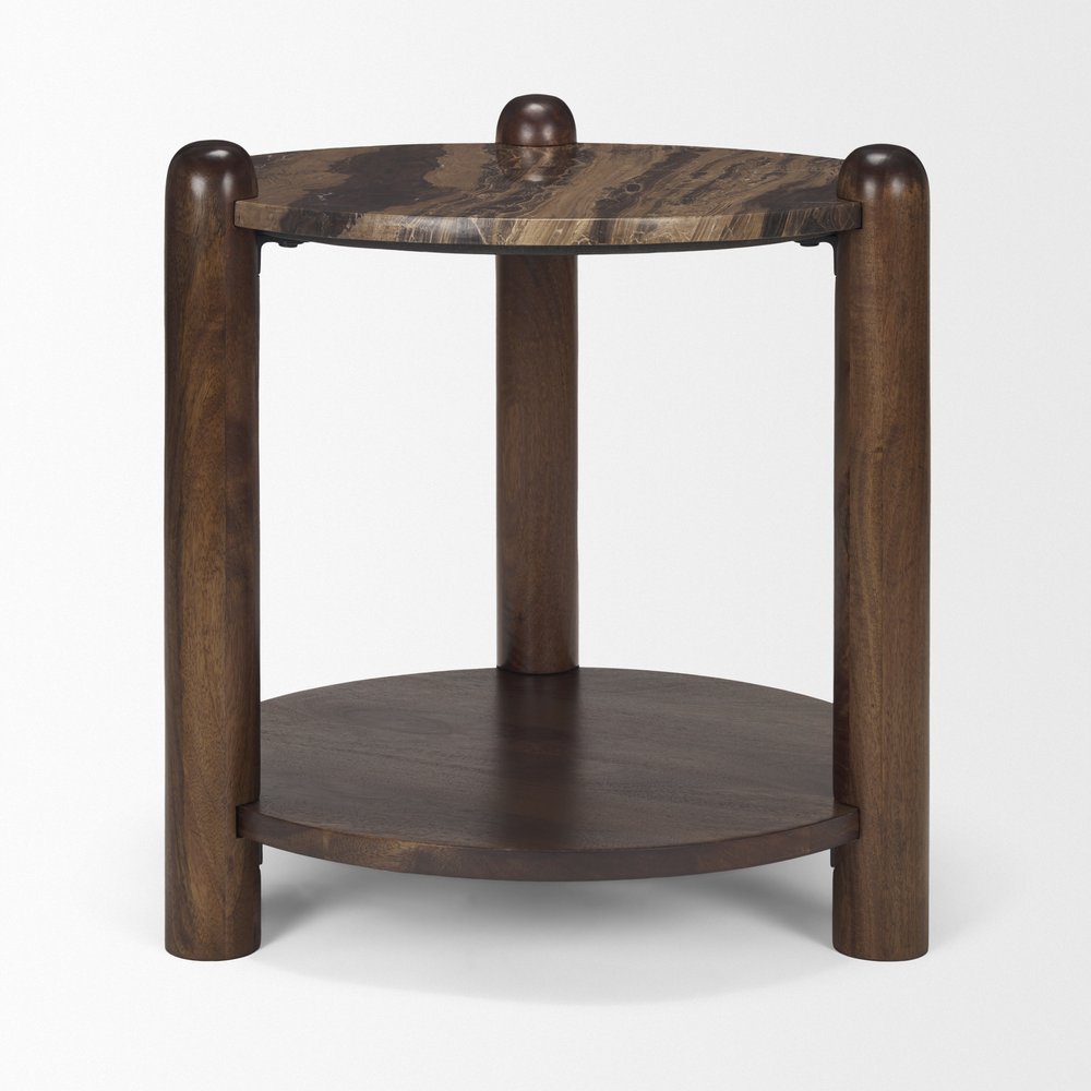 Brown Marble and Solid Wood End Table with Shelf - 26-inch