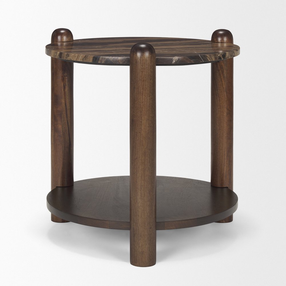 Brown Marble and Solid Wood End Table with Shelf - 26-inch
