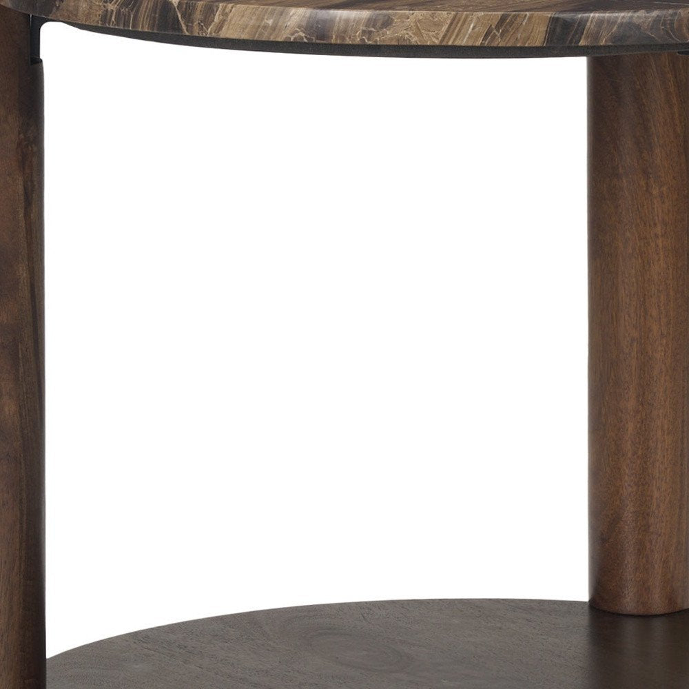 Brown Marble and Solid Wood End Table with Shelf - 26-inch