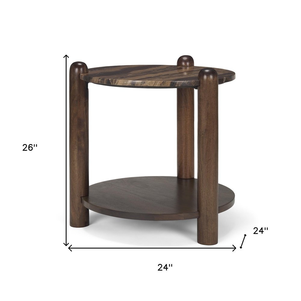 Brown Marble and Solid Wood End Table with Shelf - 26-inch