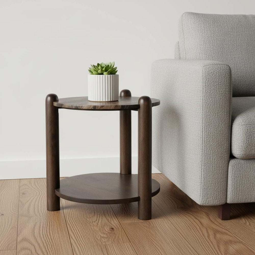 Brown Marble and Solid Wood End Table with Shelf - 26-inch