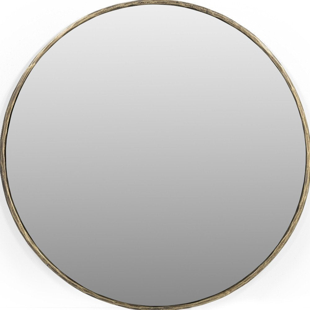 Antiqued Brass Iron Round Framed Accent Mirror - 36-inch