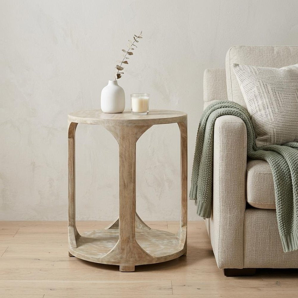Natural Distressed Solid Wood Round Frame End Table with Shelf