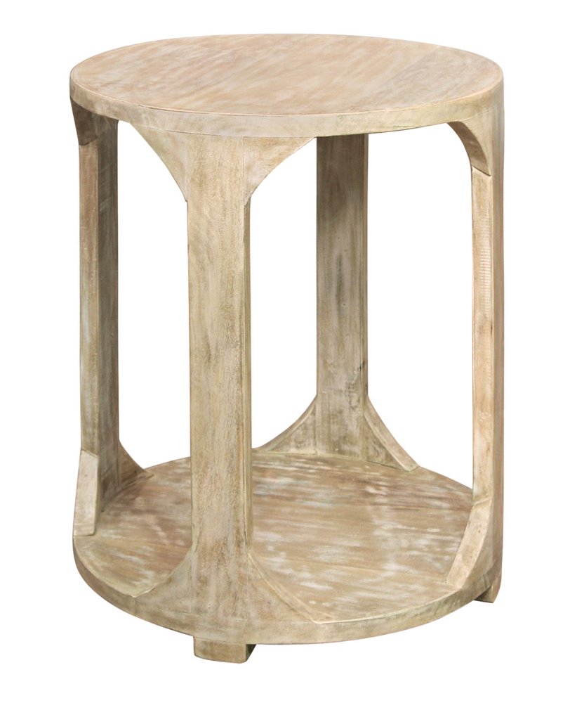 Natural Distressed Solid Wood Round Frame End Table with Shelf