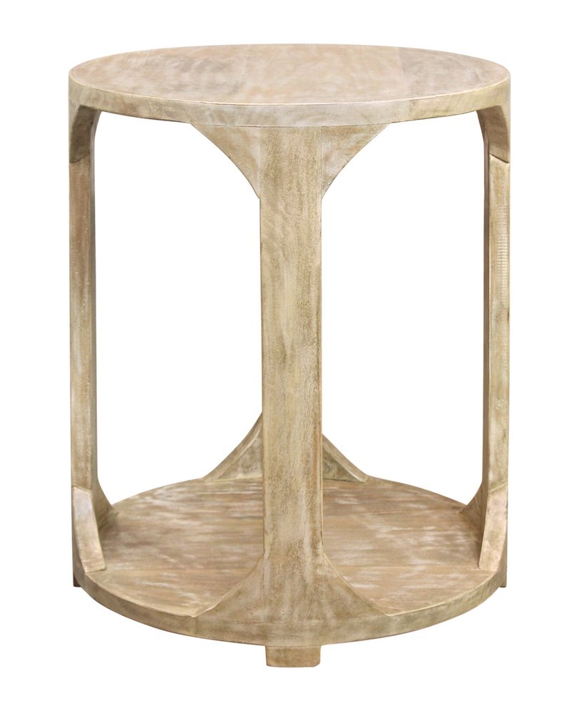 Natural Distressed Solid Wood Round Frame End Table with Shelf