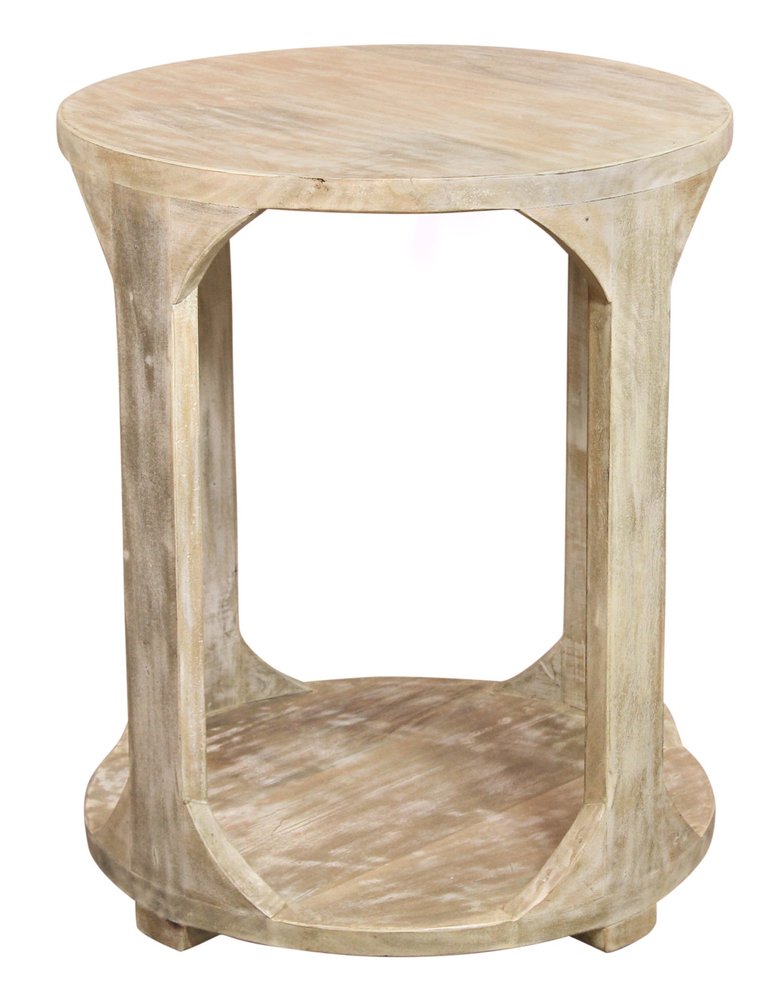Natural Distressed Solid Wood Round Frame End Table with Shelf