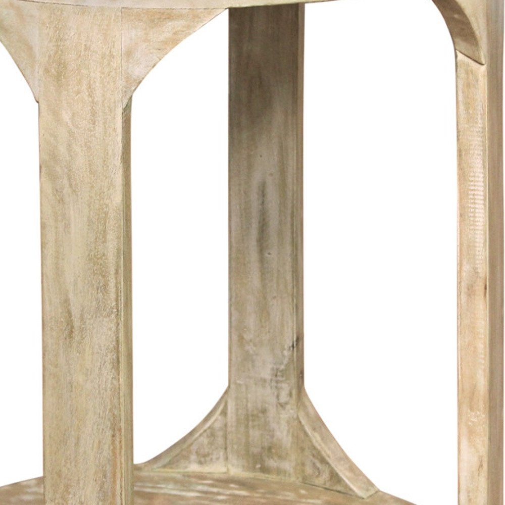 Natural Distressed Solid Wood Round Frame End Table with Shelf