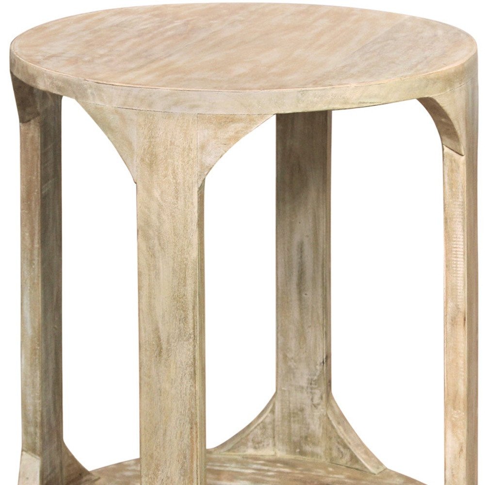 Natural Distressed Solid Wood Round Frame End Table with Shelf