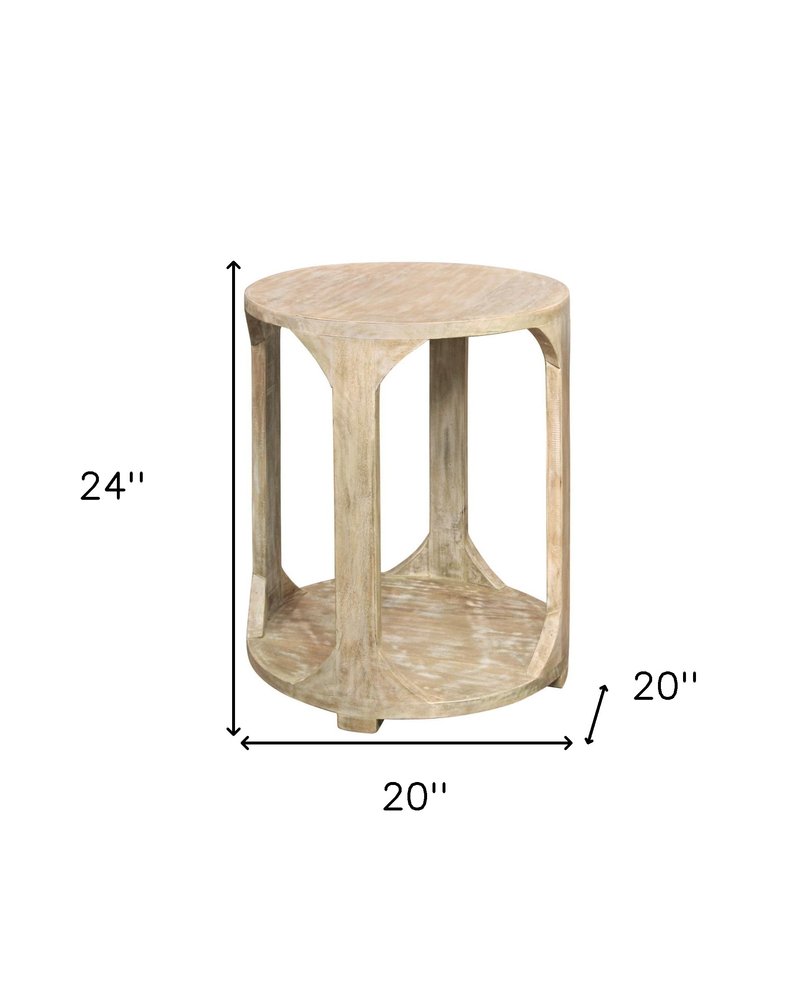 Natural Distressed Solid Wood Round Frame End Table with Shelf
