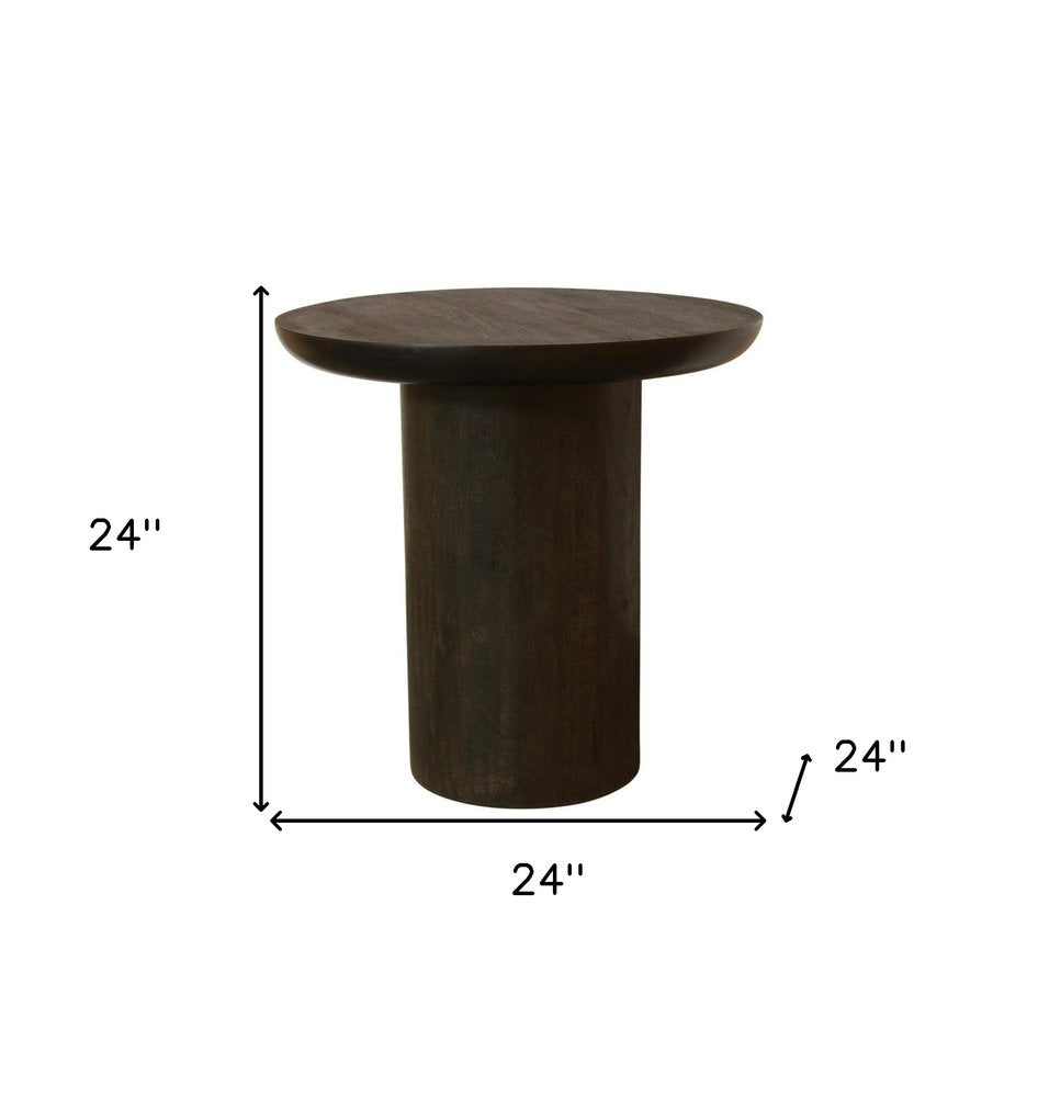 Dark Brown Distressed Solid Wood Round Pedestal End Table - 24-inch