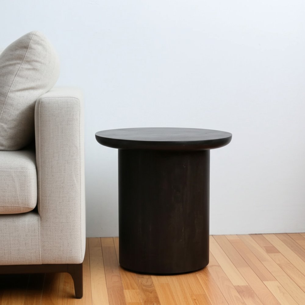 Dark Brown Distressed Solid Wood Round Pedestal End Table - 24-inch