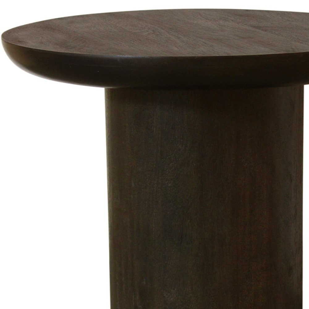 Dark Brown Distressed Solid Wood Round Pedestal End Table - 24-inch