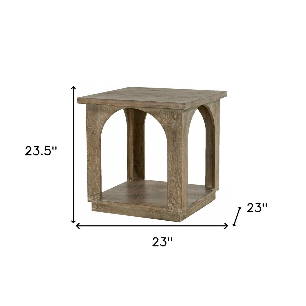 Brown Distressed Solid Wood Square Floor Shelf End Table - 24-inch