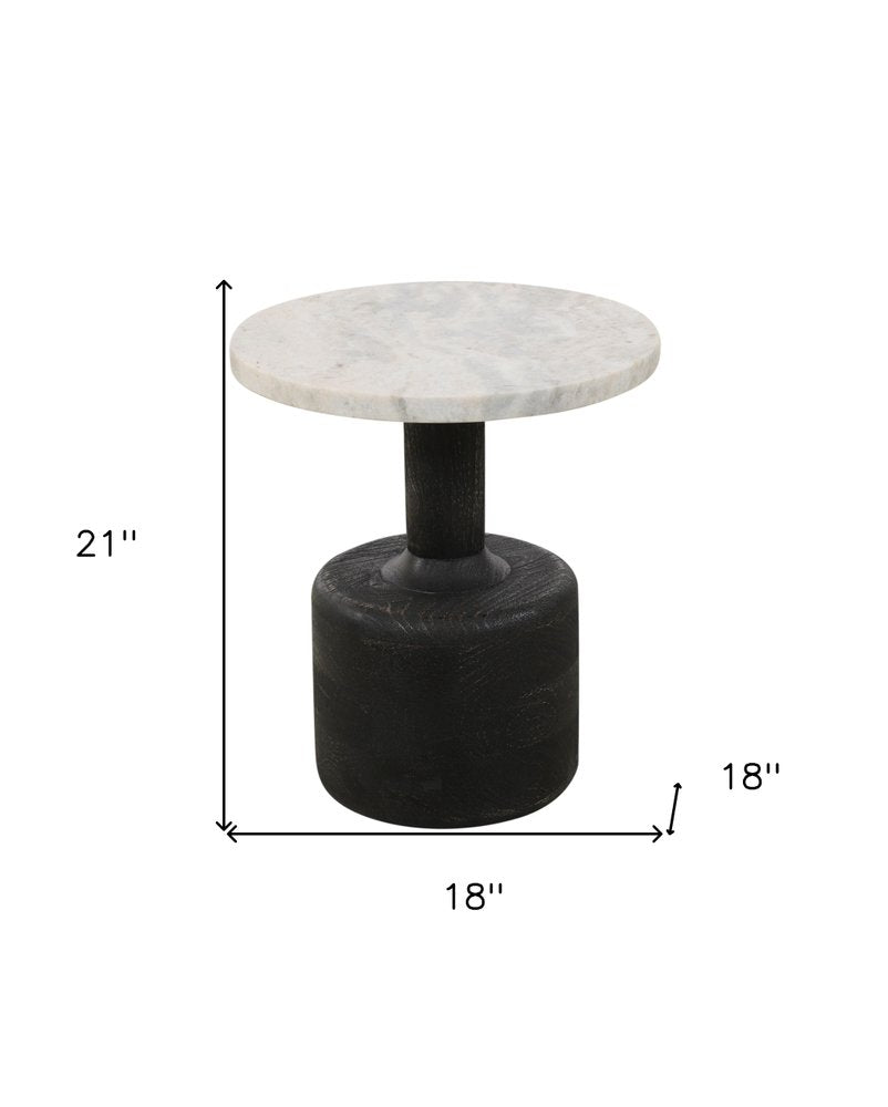 White and Black Distressed Marble and Solid Wood Round Pedestal End Table