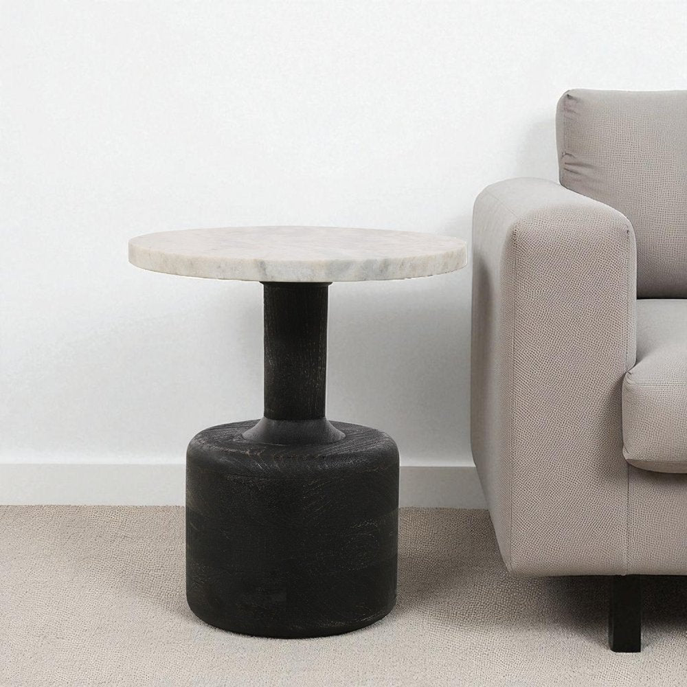 White and Black Distressed Marble and Solid Wood Round Pedestal End Table