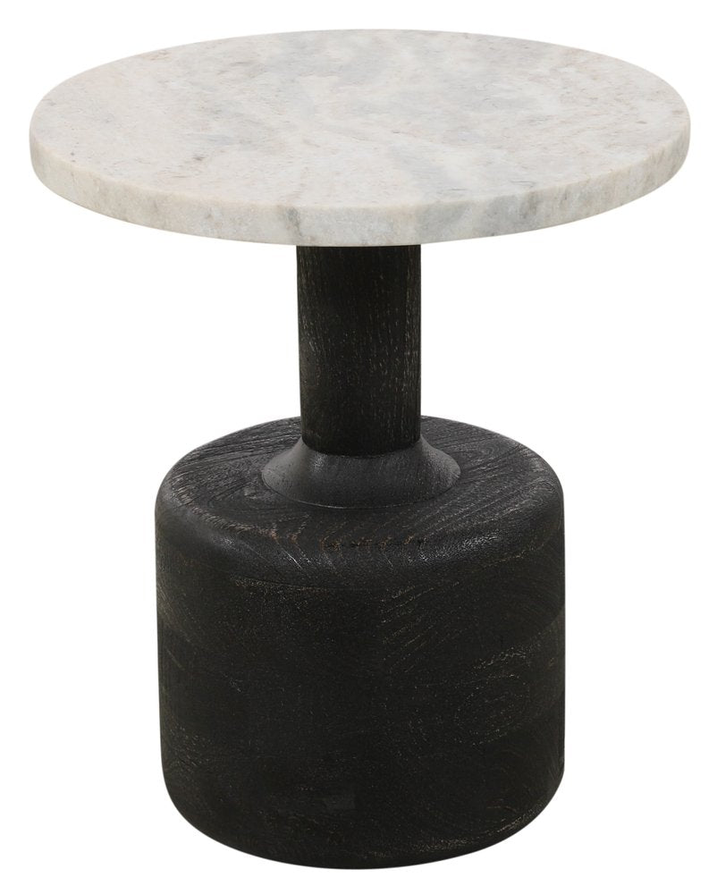 White and Black Distressed Marble and Solid Wood Round Pedestal End Table
