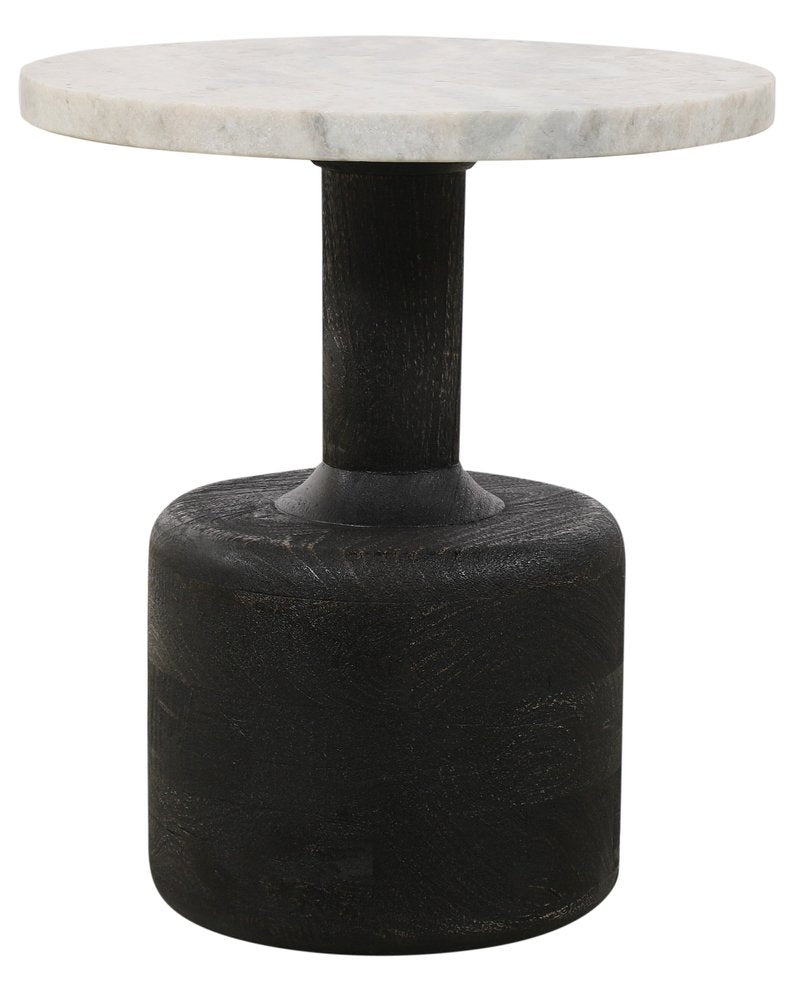 White and Black Distressed Marble and Solid Wood Round Pedestal End Table