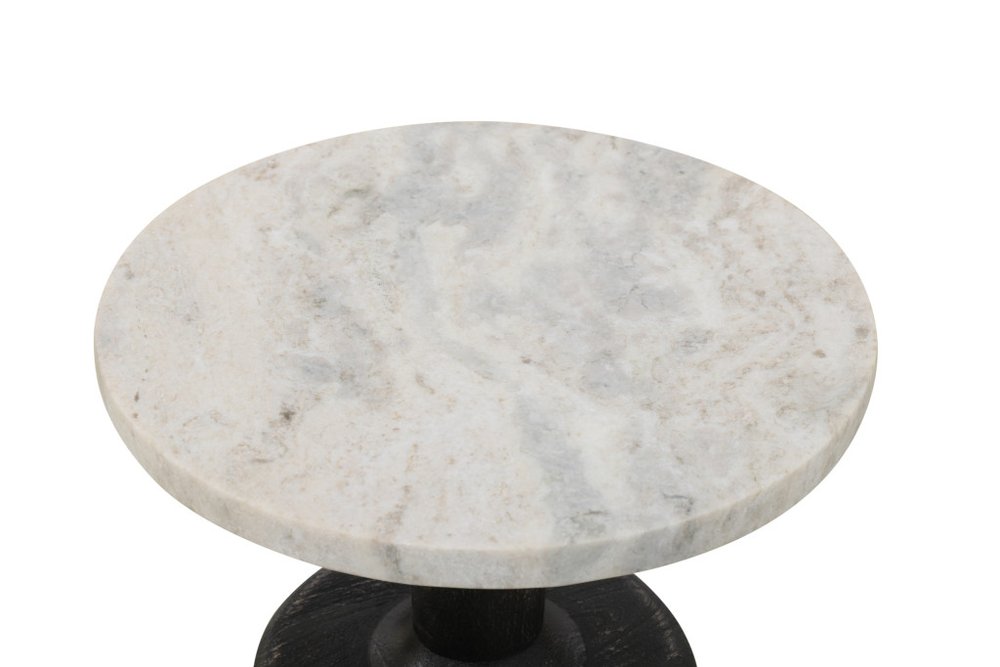 White and Black Distressed Marble and Solid Wood Round Pedestal End Table