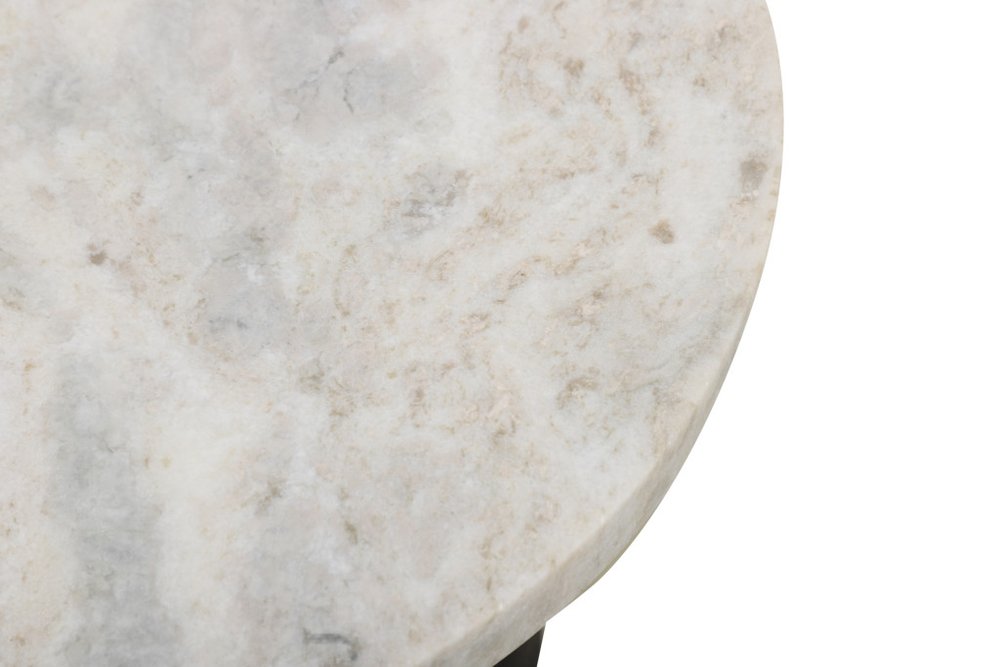 White and Black Distressed Marble and Solid Wood Round Pedestal End Table