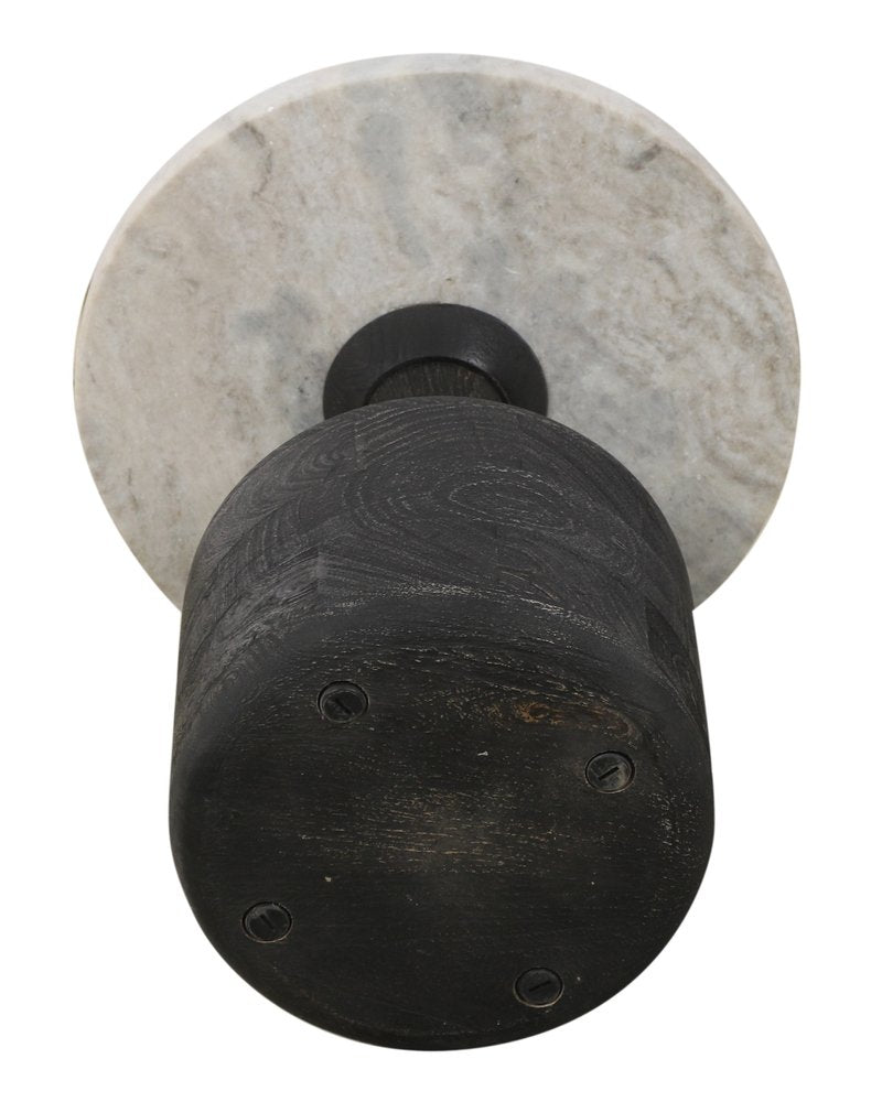 White and Black Distressed Marble and Solid Wood Round Pedestal End Table